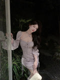 Sexy Dresses Women Bandage Square Collae Pile Up Sleeve Drawstring Solid Slim Elegant Mini Dress Ladies Vintage Fashion-Outfit