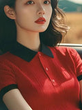 Toloer Splicing Bump Color Collar Knitting Shoulder Short-Sleeved T-Shirt Vertical Texture Thin Summer Women's Korean