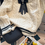 Academy Style JK Navy Neck Bow Sweater Women Top Autumn Winter Vintage Gentle Thickened Knit Pullover Coat Women Clothing-Outfit