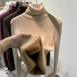 Velvet Turtleneck Pullovers Women Korean Fashion Lined Warm Sueter Knitted Slim Top Winter Jersey Knitwear Jumper