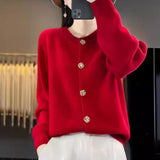Spring And Autumn New Round Collar Simple Pure Color Temperament Commuting Color Square Buckle Loose Casual Sweater Knitting Cardigan-Outfit