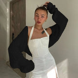 White Women Sweater Shrugs Cropped Top Full Lantern Sleeve Knitwear Pullover Sexy Summer High Street Outwear 2021
