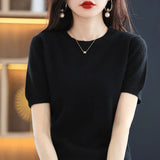 Toloer Spring Knit Sweater Women's T-Shirt Sweater Women's Short Sleeve V Collar Women Bottom Sweater Woolen Sweater Batch Hair-Outfit