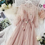 new women O-neck lantern sleeve gauze fairy puff dress female flower appliques elegant mesh princess