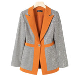 2022 Runway Designer Elegant Women's Sexy Sequin Single Button Plaid Blazer And OL High Waist Flare Pants Business