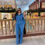 Wind High-End Retro Lapel Long-Sleeved Cowboy Topess 2025 Autumn Dress High-Waisted Casual Broad-Legged Straight
