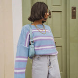 Women O Neck Stitching Stripes Keep Warm Casual Sweater Long Sleeve Loose Knitted Sweater 2022 Winter New Fashiong