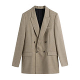 Aachoae Office Casual Double Breasted Khaki Blazer Suit Women Notched Neck Elegant Blazers Long Sleeve Ladies Tops