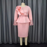 Round Collar Horn Sleeve Temperament Dress Party Wind Lotus Leaf Side Squint High Waist Dress