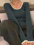 Contrast Color Trim Slim Long Sleeve Knit-Outfit