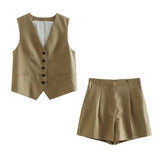 Toloer 2023 Summer V-Neck Solid Color Single Breasted Vest High Waist Wide-Leg Pants Shorts Set 9ZS2251-Outfit