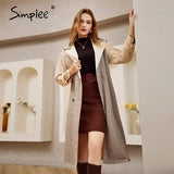 Simplee Causal light tan autumn women trench coat Split joint elegant long sleeve coat Plaid long coat with belt