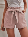 2025 Summer Women's Loose Flax Leisure Shorts Pocket Solid Colored High-Rise Broad
