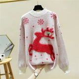 Women's Reindeer Christmas Snowflake Fawn Knitting Thicker Warm Loose Outer Wear O-Neck Pullovers Graphic