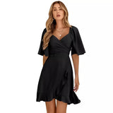 Toloer 2024 New Women's V-Collar Solid Color Waist Flounce Summer Dress Women-Outfit