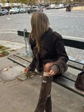 Brown Faux Fur Collar Suede Short Jacket-Outfit