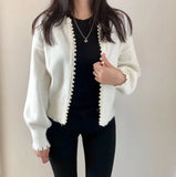2022 Autumn Fashion Streetwear Pearls Beading Edging Ripped Cardigan Women Casual Sweater Lady