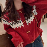 New Matching Color Sweater Women's Coat Round Collar Horn Buckle Loose Fashion Age-Reduced Knitted Cardigan Female National Style-Outfit