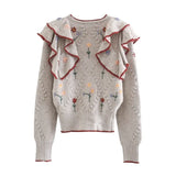Ardm Fashion Cardigan Mujer Floral Embroidery Ruffled Knitted Cardigan Sweater Vintage Long Sleeve Pull Female Outerwear