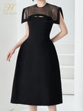 Han Queen Summer Dresses Womens Korean Retro O-Neck A-Line Black Vestidos Elegant Fashion Slim Midi Office Party Casual Dress-Outfit