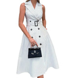 Toloer Spot 2024 Spring New Women's Fashion Temperament Striped Sleeveless Suit Collar Dress-Outfit