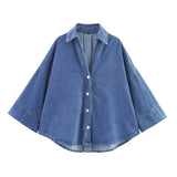 Homemade New Women's Wide Sleeved Denim Shirt High Waisted Rolled Legged