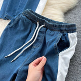 Hong Kong-Flavored Suit Female Design Sense Short-Sleeved T-Shirt Spliced Denim Jacket + High-Waisted Casual Straight Pants