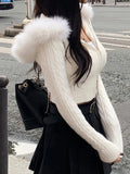 Sweet Furry Trim Hooded Knitted Cropped Cardigans Slim Zipper Long Sleeve Sweaters Women 2023 Autumn Winter Fashion Lady-Outfit