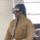 Mesh Plaid Autumn Spring Coat Women Trend Turtleneck Zipper Pocket Crop Jacket Solid Slim Drawstring Female Outerwear