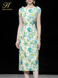 Han Queen Elegant Fashion Print Slim Office Pencil Dress Women's Korean Sheath Pencil Dresses Mid-Calf Party Bodycon Vestidos-Outfit