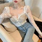Temperament Crop Tops Vintage Hollow Out Lace Blouses Women Square Collar Puff Sleeve Shirts Korean Sexy Blusas De