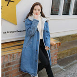 New Fashion Womens Femmes Long Coats Denim Overcoat Single Breasted Warm Fur Lining Loose Fit BF Style Female