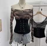 Real Shot Of The Hottie Shoulder Mesh Hot Diamond To Receive The Belt Strap Horn Long Sleeve Top Short T-Shirt