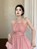 Sexy Dresses Women Sleeveless Halter Sweet Mesh Summer Backless Party Dress Bandage Elegant Female Fashion-Outfit