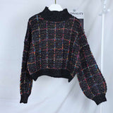2021 Autumn Winter New Plaid Sweater Women Korean Lazy Wind Short Loose Casual Checkered Sweater Lantern Sleeve Pullovers