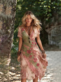 Women's Loose White Dress Creative Pattern Deep V Short-Sleeved