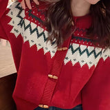 New Matching Color Sweater Women's Coat Round Collar Horn Buckle Loose Fashion Age-Reduced Knitted Cardigan Female National Style-Outfit