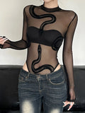 Personality Snake Print Sexy Body-Repair Perspective Basic Round-Neck Long-Sleeved Joint Jacket