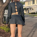 Toloer Women's Vintage Cardigan Long-Sleeved Top Street Denim Style Sexy Short Skirt Suit Girl-Outfit