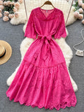 Women Dress Embroidary Solid Summer 2022 Hollow Out V Neck Ruffled Sashes Adjustable Waist Ladies Long A Line