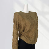 Toloer Not Pierced Hole Round Neck Tassel Sweater Women's Design Sense Bottom Waste Earthen Top Loose