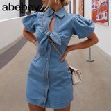 out knot tie blue denim dress Elegant puff short sleeve bodycon jeans dress Sexy street wear women summer