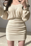 2023 Korean Mini Dress Women Sexy V Neck Sweater Fashion Elegant Bodycon Dresses Long Sleeve Pleated Robe Knit