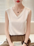 Blouse Women Sleeveless Satin 2022 Summer Basic V Neck White Blouses Sleeveless Silk Summer Clothes For Women Blouses