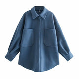 PUWD Casual Woman Camel Loose Pocket Woolen Shirt 2021 Fashion Ladies Autumn Long Sleeve Thick Blouse Coat Female Long