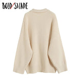 Bold Shade Oversized Button Long Sleeve Knitted Beige Pullover Sweaters Streetwear 2000s Vintage Trun-down Collar Jumpers