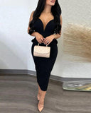 Toloer Temperament Elegant Solid Color Wrap Hip Dew Back Deep V High Waist Bow Stretch Slit