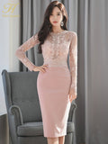Han Queen Korean spring Retro lace stitching Vestidos Sexy Dress Women Office Work Bodycon Sheath Casual Pencil Dresses-Outfit