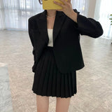 Women Two Piece Set Outfits Long Sleeve Coat and High Waist Pleated Mini Skirt Elegant Korean Style Casual 2 Piece