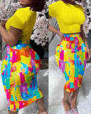 Toloer Women's Round Collar Short-Sleeved T-Shirt Wrapped Hip Skirt Print Leak Umbilical Slim Sexy